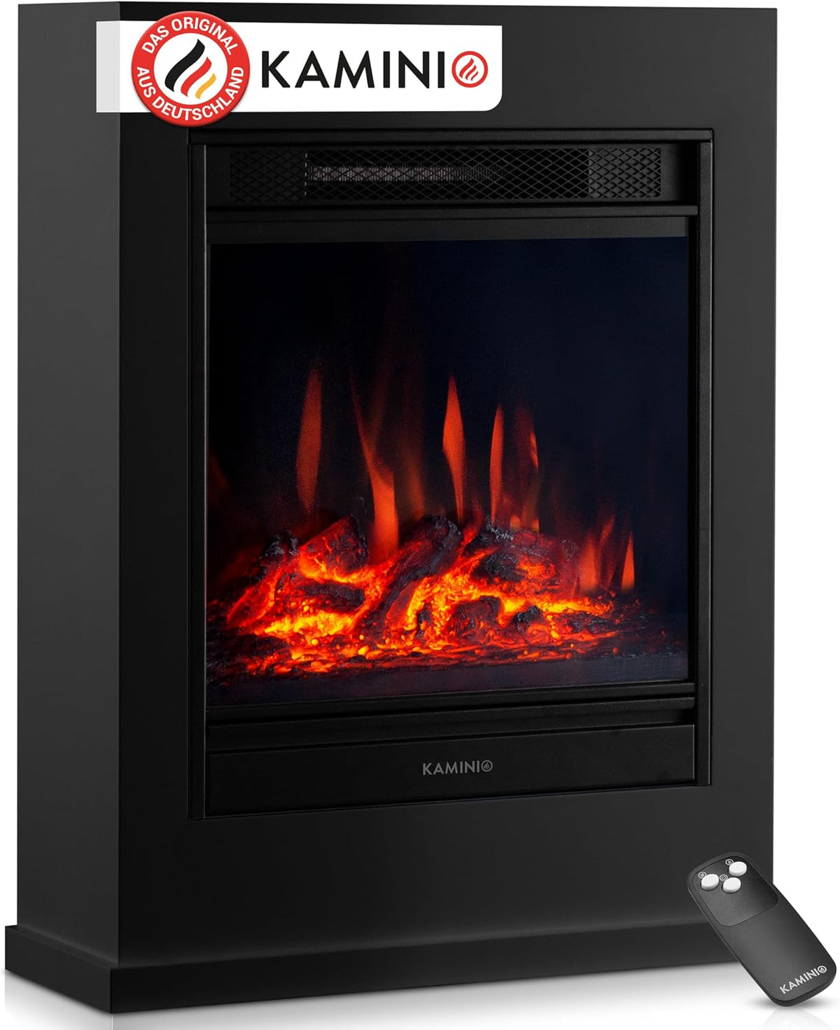 KAMINIO Elektrokamin, Schwarz, Kalle - Elektrischer Standkamin mit Heizung, 3D-Flammeneffekt, Fernbedienung