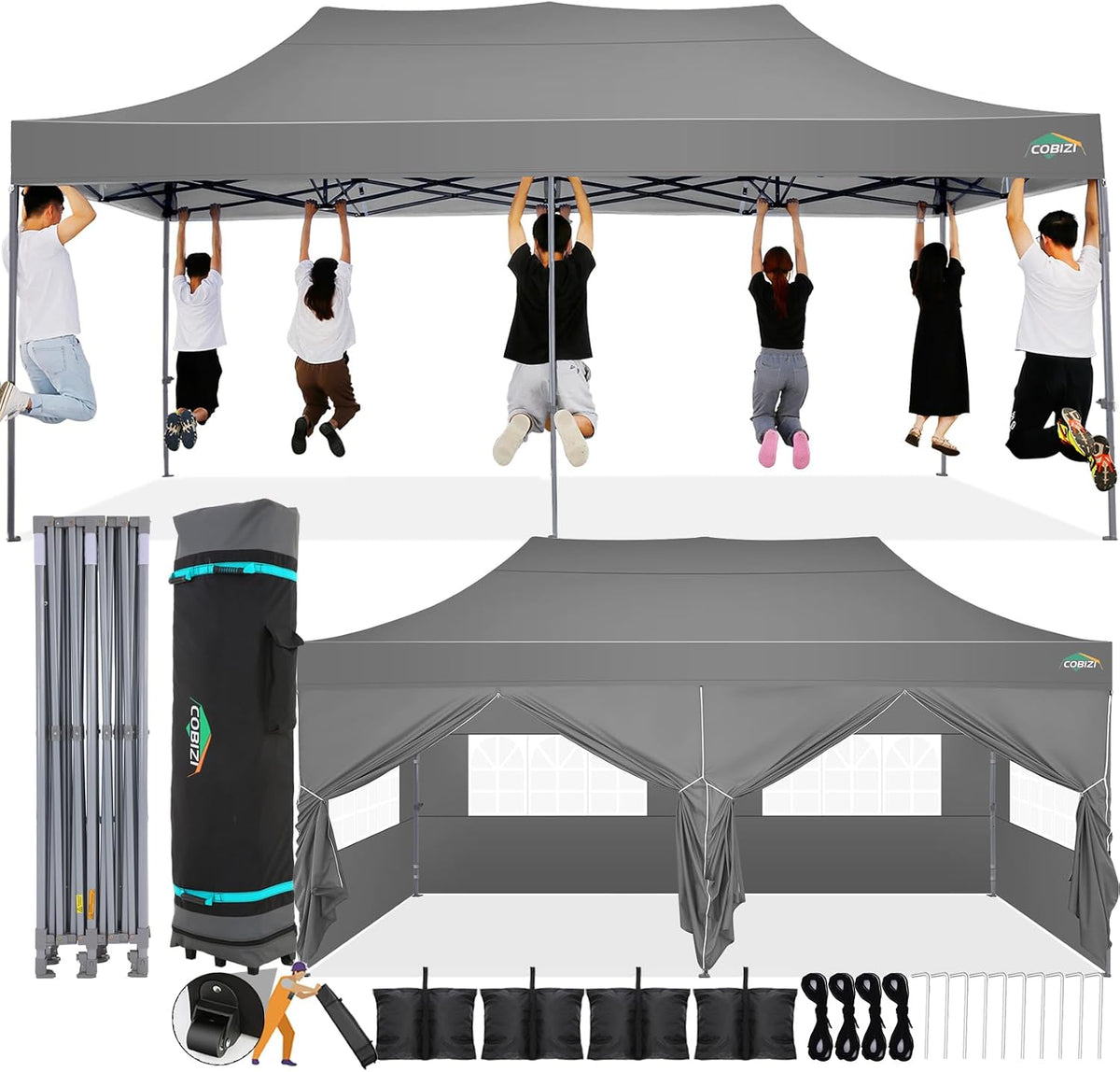 COBIZI Pavillon, 6m, Grau, Falt 3x6 Wasserdicht Stabil Winterfest mit Seitenwand, Pop Up Partyzelt, Sonnenschutz Garten